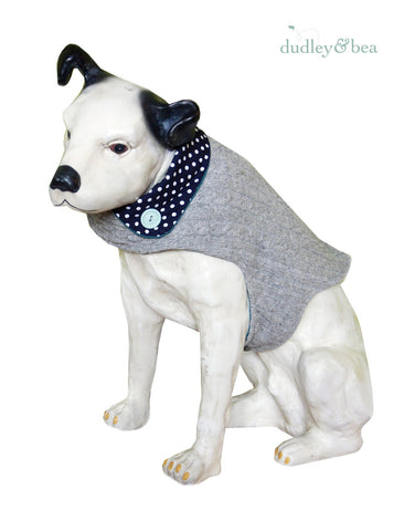 Grey Reclaimed Wool Dog Coat with Navy Polka-Dot Collar - Size M